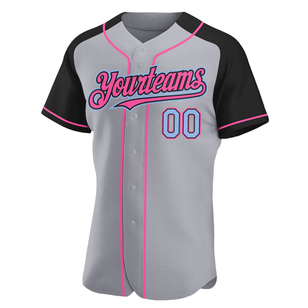 Custom Gray Light Blue Black-Pink Authentic Raglan Sleeves Baseball Jersey view 2