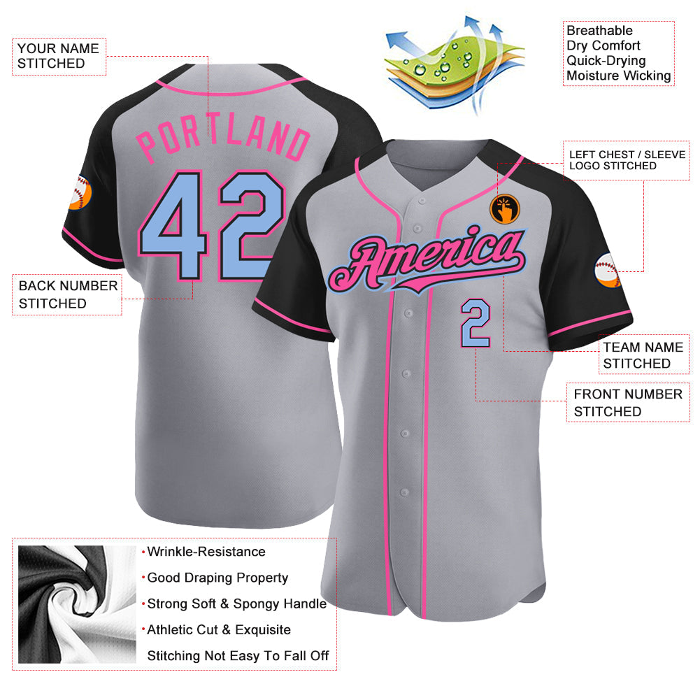 Custom Gray Light Blue Black-Pink Authentic Raglan Sleeves Baseball Jersey view 3