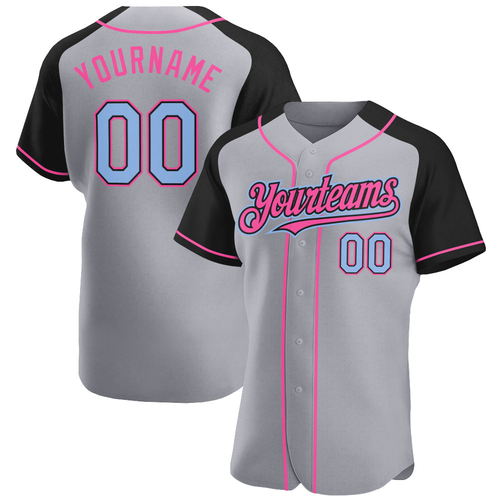 Custom Gray Light Blue Black-Pink Authentic Raglan Sleeves Baseball Jersey - Main View