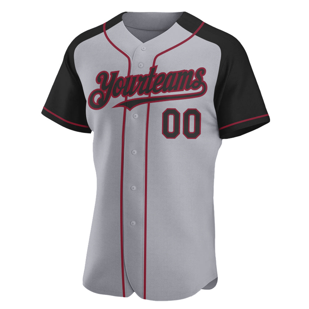 Custom Gray Black-Crimson Authentic Raglan Sleeves Baseball Jersey view 2