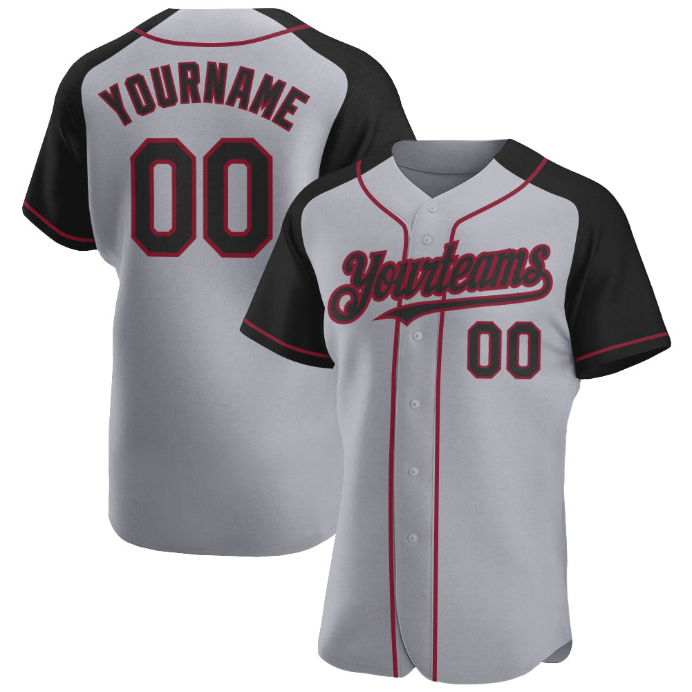 Custom Gray Black-Crimson Authentic Raglan Sleeves Baseball Jersey - Main View