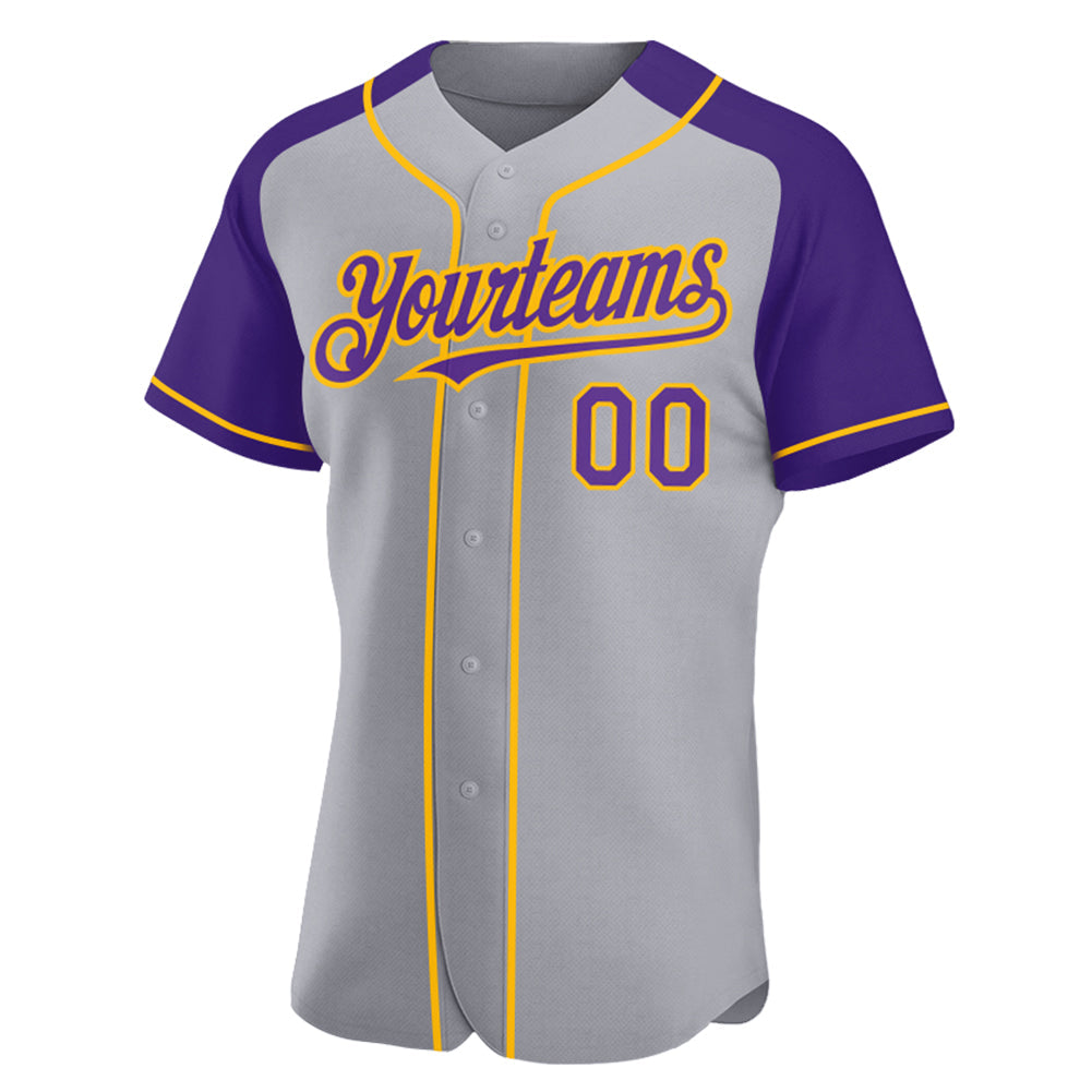 Custom Gray Purple-Gold Authentic Raglan Sleeves Baseball Jersey view 2