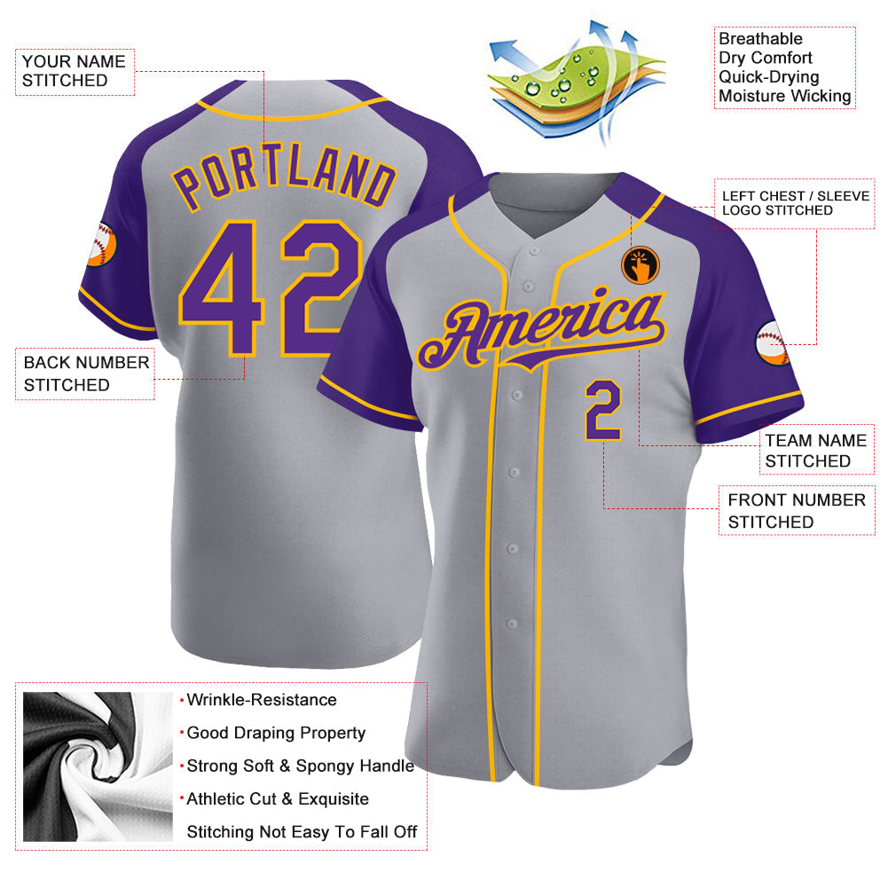 Custom Gray Purple-Gold Authentic Raglan Sleeves Baseball Jersey view 3