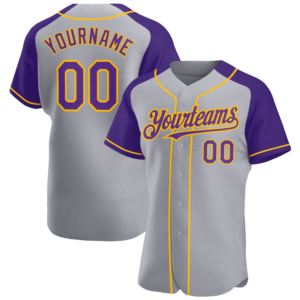 Custom Gray Purple-Gold Authentic Raglan Sleeves Baseball Jersey - Main View