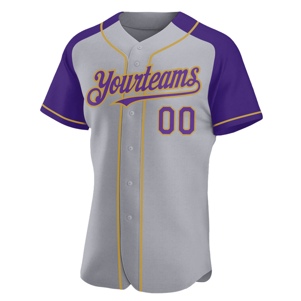 Custom Gray Purple-Old Gold Authentic Raglan Sleeves Baseball Jersey view 2