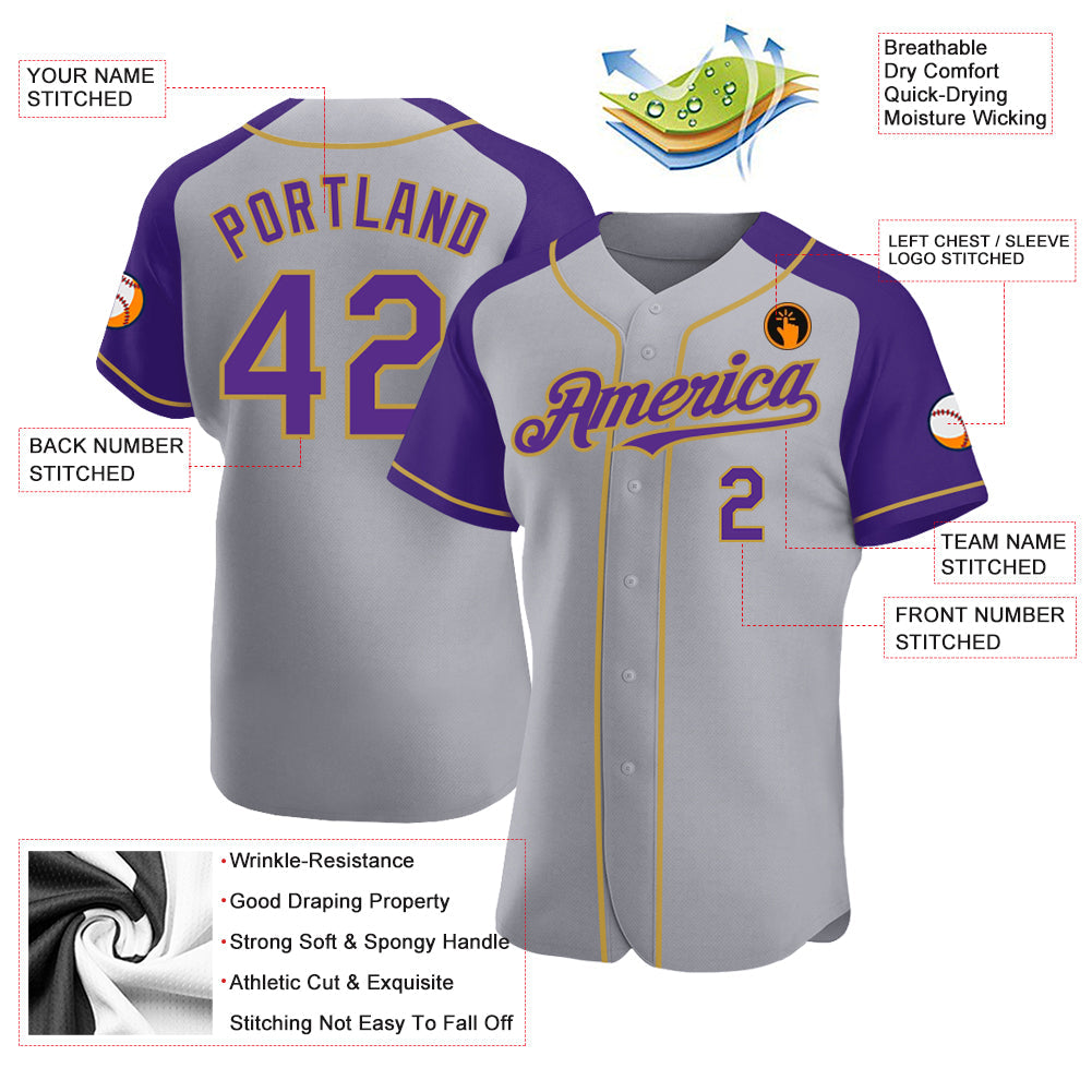 Custom Gray Purple-Old Gold Authentic Raglan Sleeves Baseball Jersey view 3