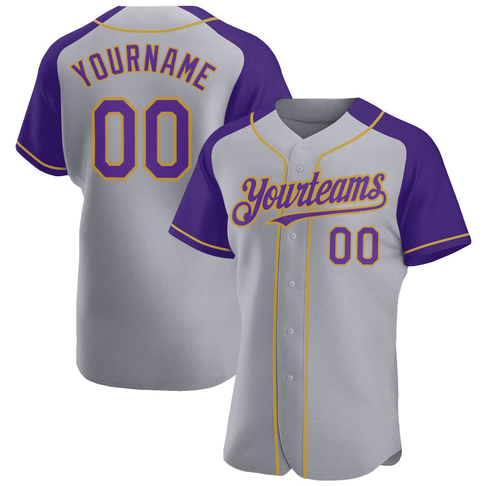 Custom Gray Purple-Old Gold Authentic Raglan Sleeves Baseball Jersey - Main View