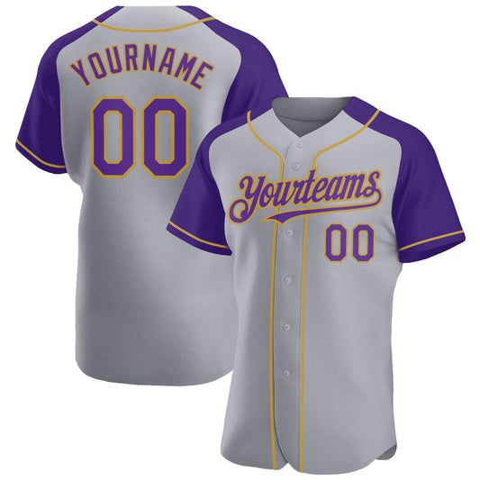 Custom Gray Purple-Old Gold Authentic Raglan Sleeves Baseball Jersey - Main View
