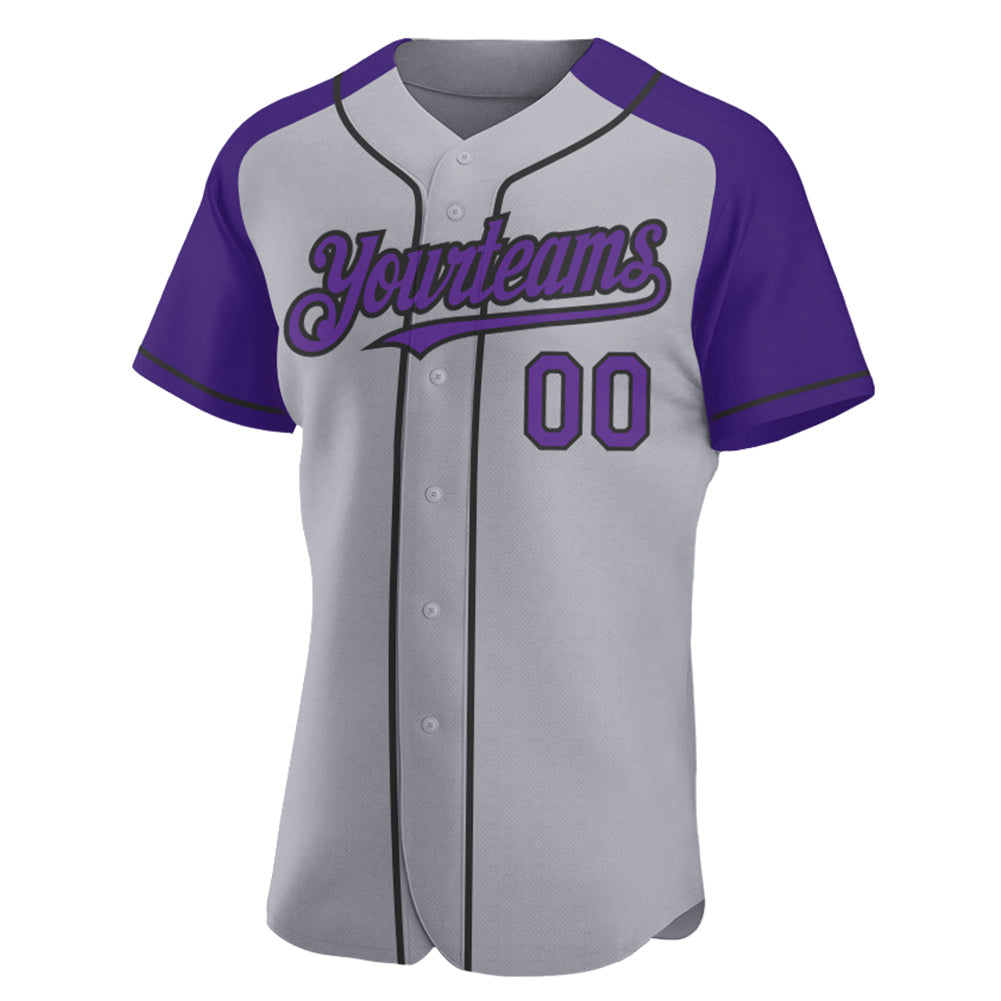 Custom Gray Purple-Black Authentic Raglan Sleeves Baseball Jersey view 2