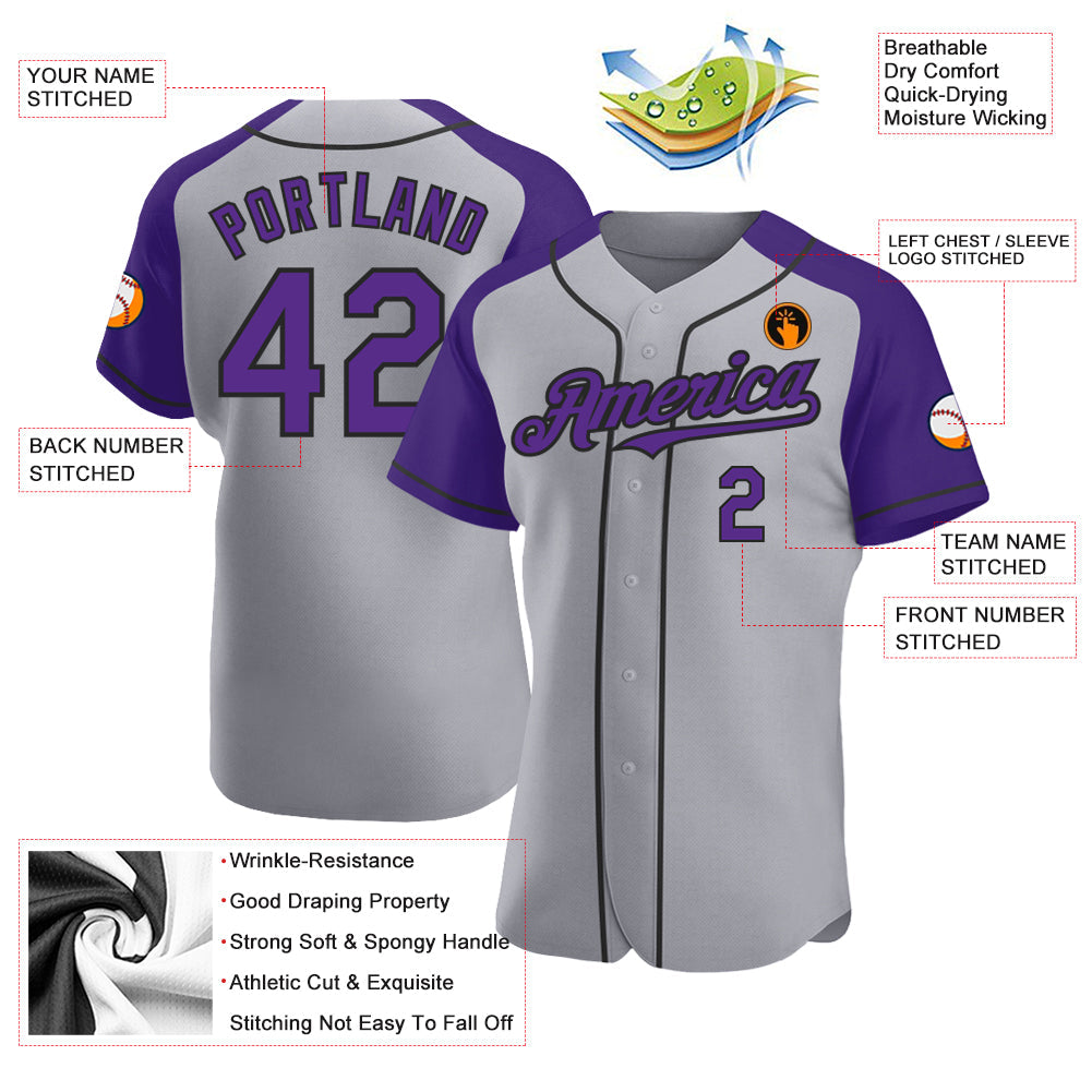 Custom Gray Purple-Black Authentic Raglan Sleeves Baseball Jersey view 3