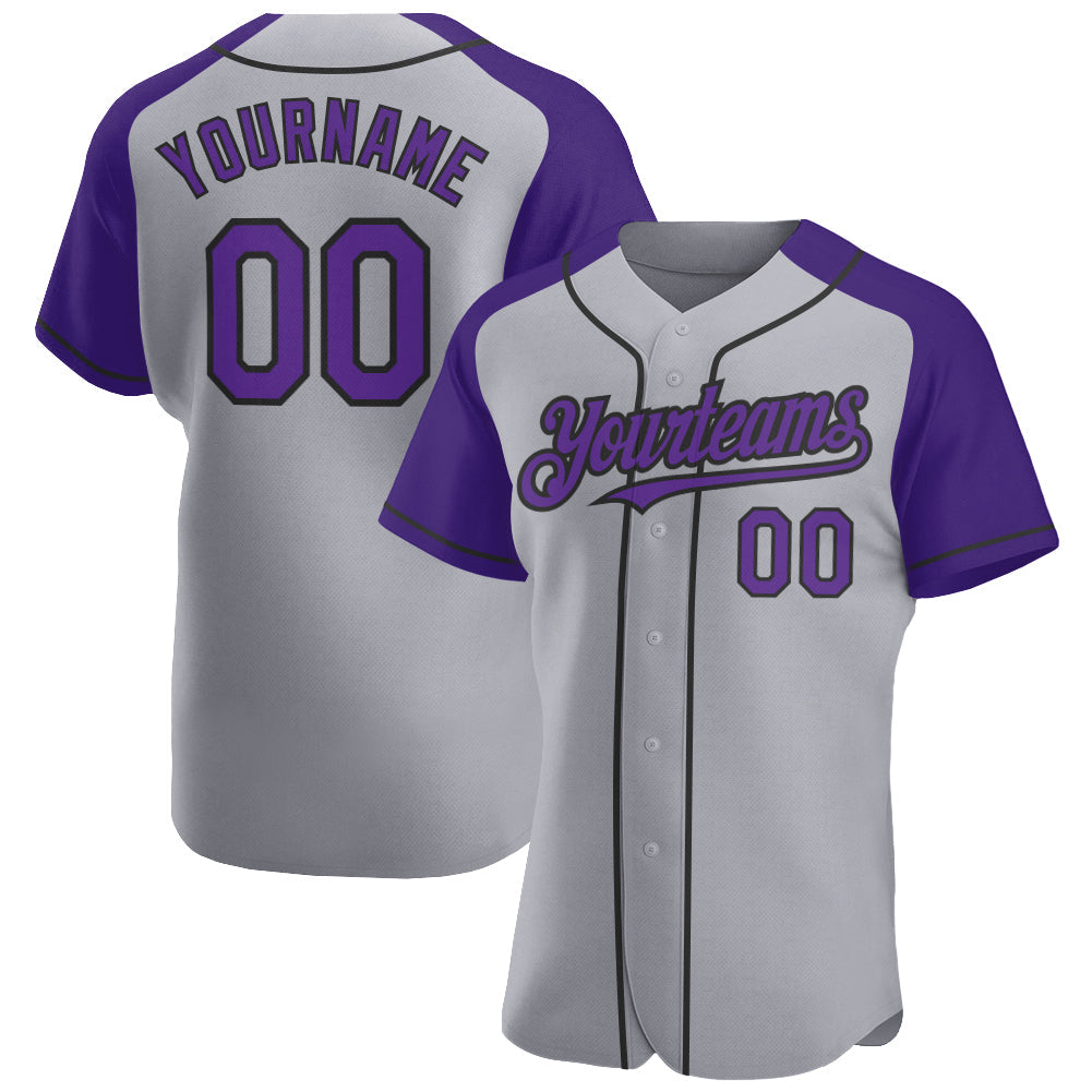 Custom Gray Purple-Black Authentic Raglan Sleeves Baseball Jersey - Main View