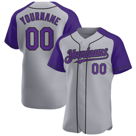Custom Gray Purple-Black Authentic Raglan Sleeves Baseball Jersey - Main View