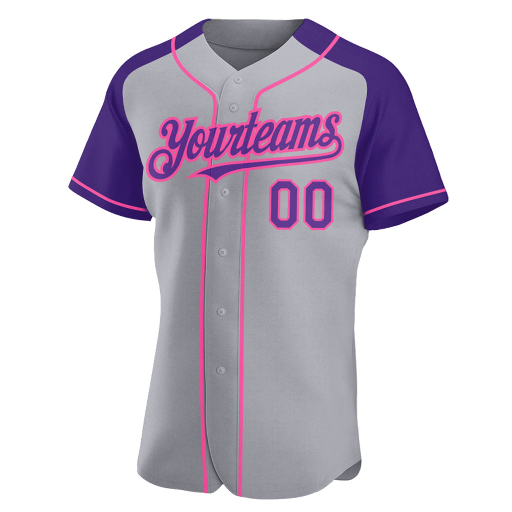 Custom Gray Purple-Pink Authentic Raglan Sleeves Baseball Jersey view 2