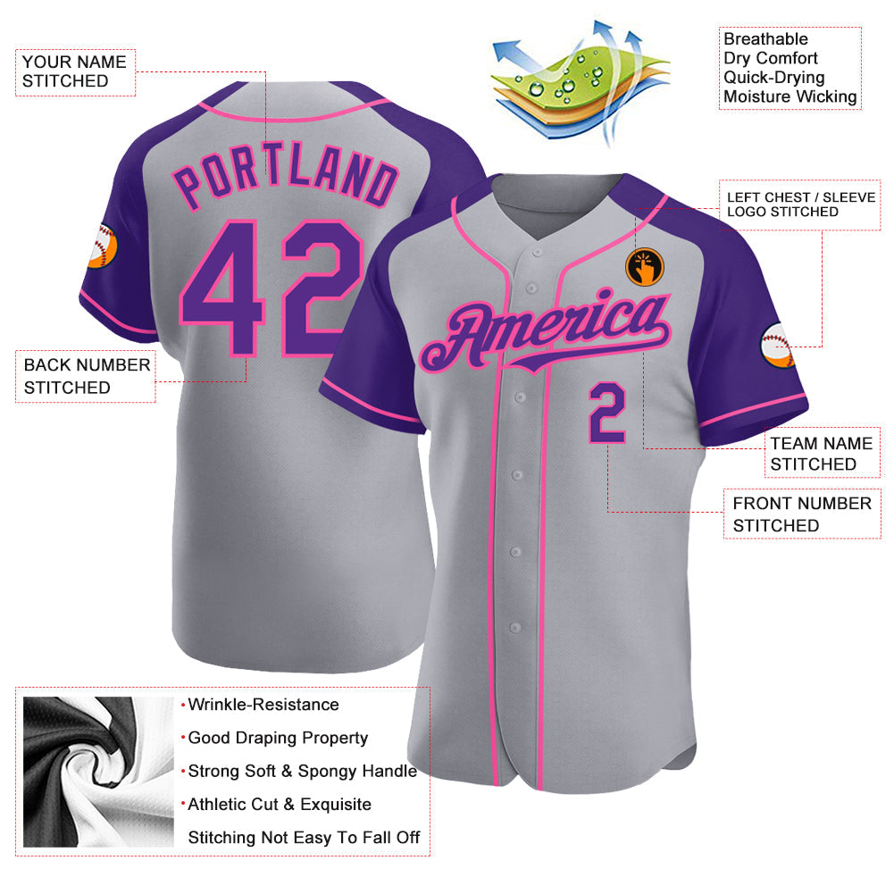 Custom Gray Purple-Pink Authentic Raglan Sleeves Baseball Jersey view 3