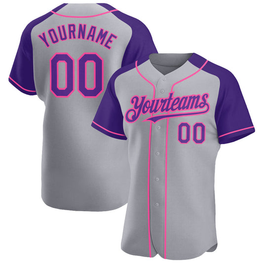 Custom Gray Purple-Pink Authentic Raglan Sleeves Baseball Jersey - Main View