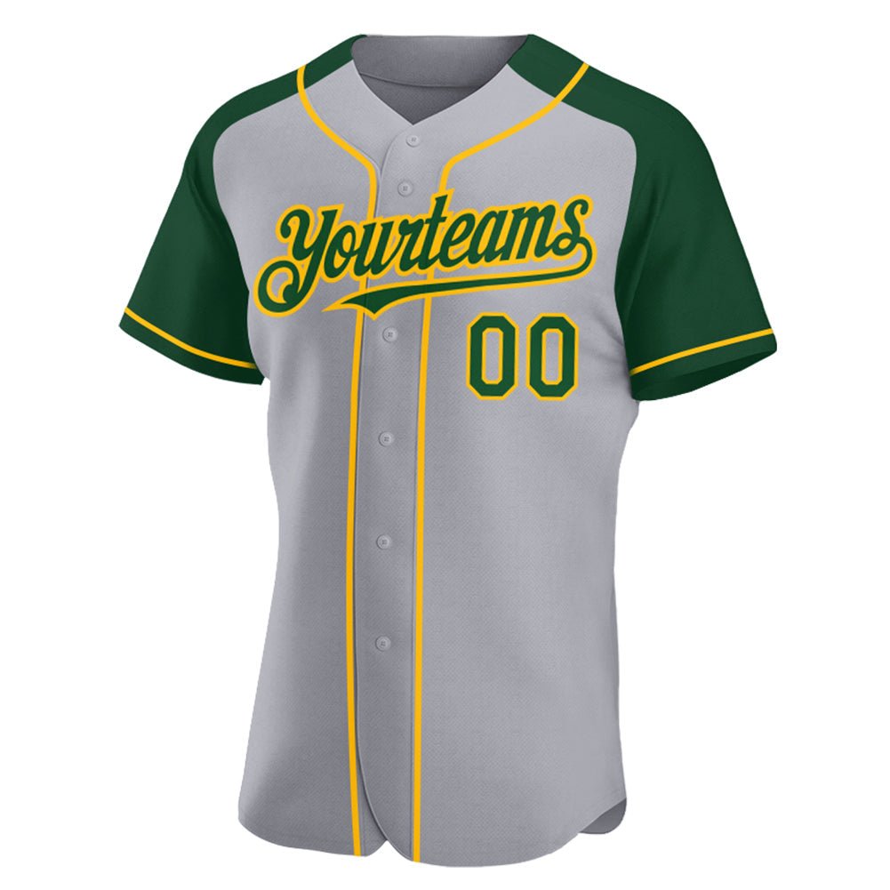 Custom Gray Green-Gold Authentic Raglan Sleeves Baseball Jersey view 2