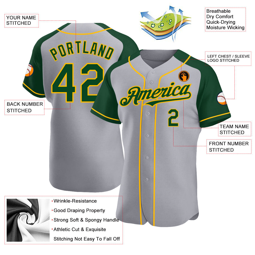 Custom Gray Green-Gold Authentic Raglan Sleeves Baseball Jersey view 3
