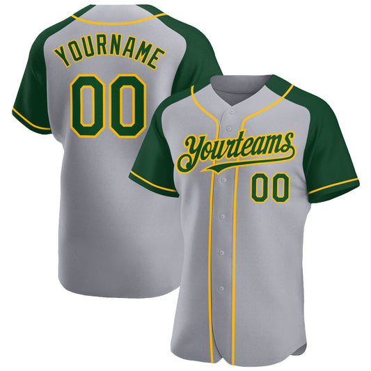 Custom Gray Green-Gold Authentic Raglan Sleeves Baseball Jersey - Main View