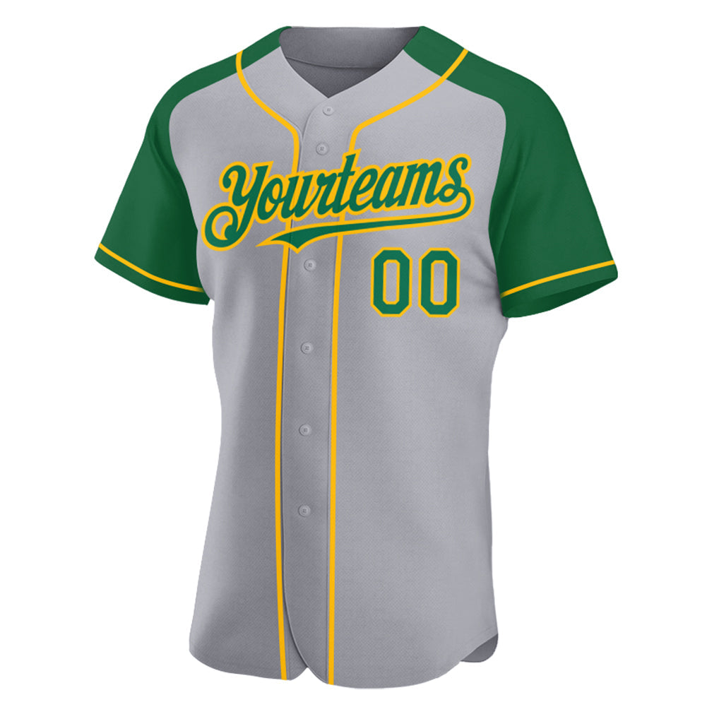 Custom Gray Kelly Green-Gold Authentic Raglan Sleeves Baseball Jersey view 2