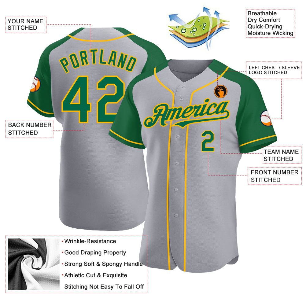 Custom Gray Kelly Green-Gold Authentic Raglan Sleeves Baseball Jersey view 3