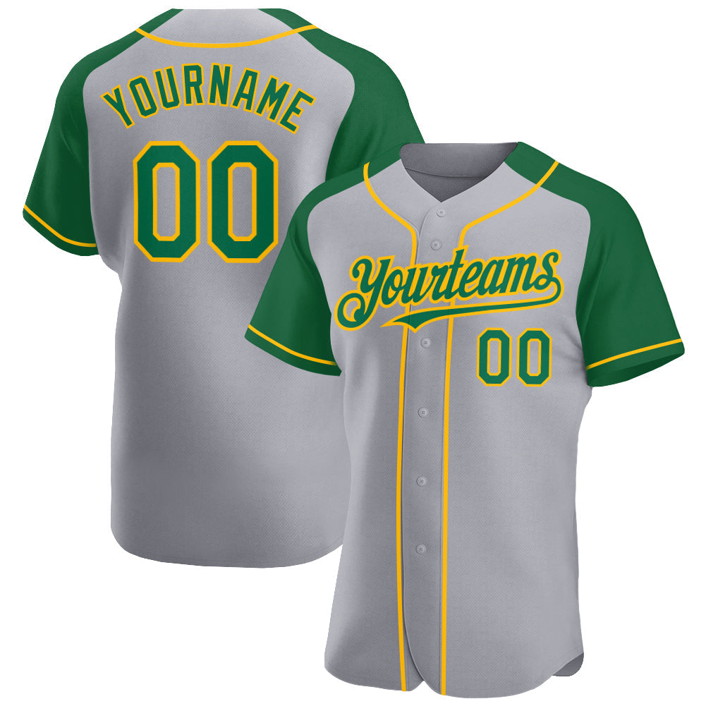 Custom Gray Kelly Green-Gold Authentic Raglan Sleeves Baseball Jersey - Main View