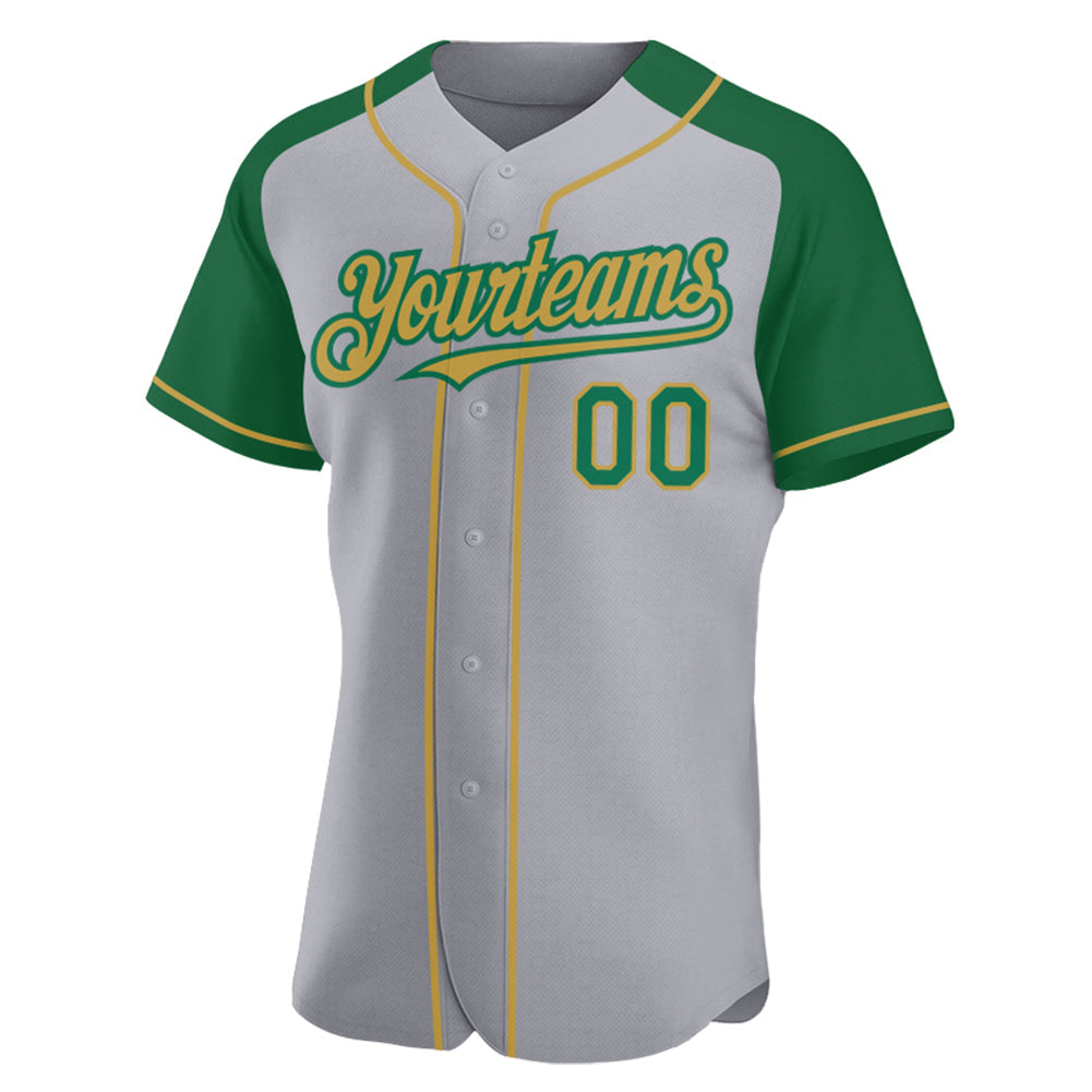 Custom Gray Kelly Green-Old Gold Authentic Raglan Sleeves Baseball Jersey view 2