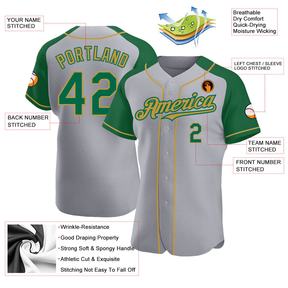 Custom Gray Kelly Green-Old Gold Authentic Raglan Sleeves Baseball Jersey view 3