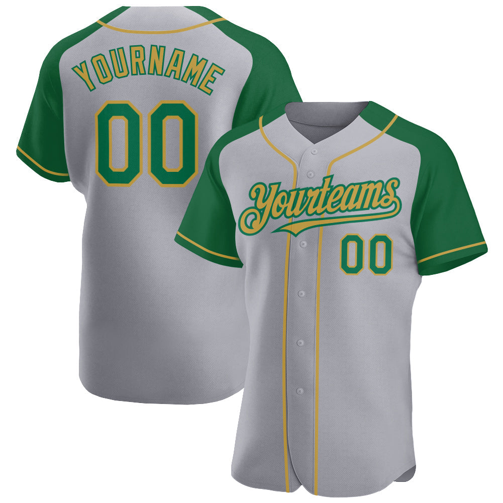 Custom Gray Kelly Green-Old Gold Authentic Raglan Sleeves Baseball Jersey - Main View