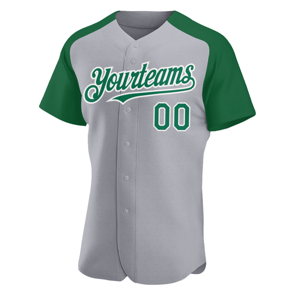 Custom Gray Kelly Green-White Authentic Raglan Sleeves Baseball Jersey view 2