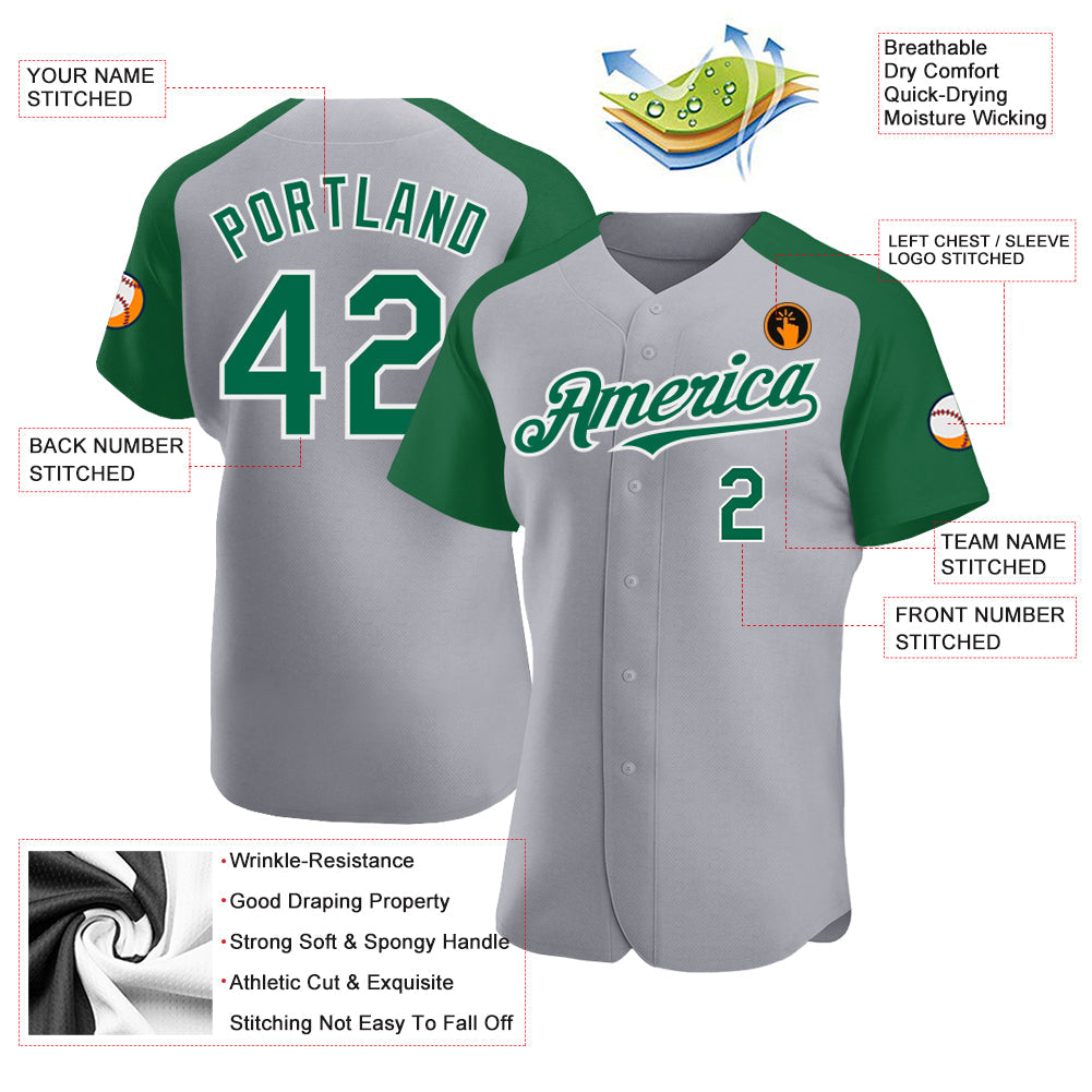 Custom Gray Kelly Green-White Authentic Raglan Sleeves Baseball Jersey view 3