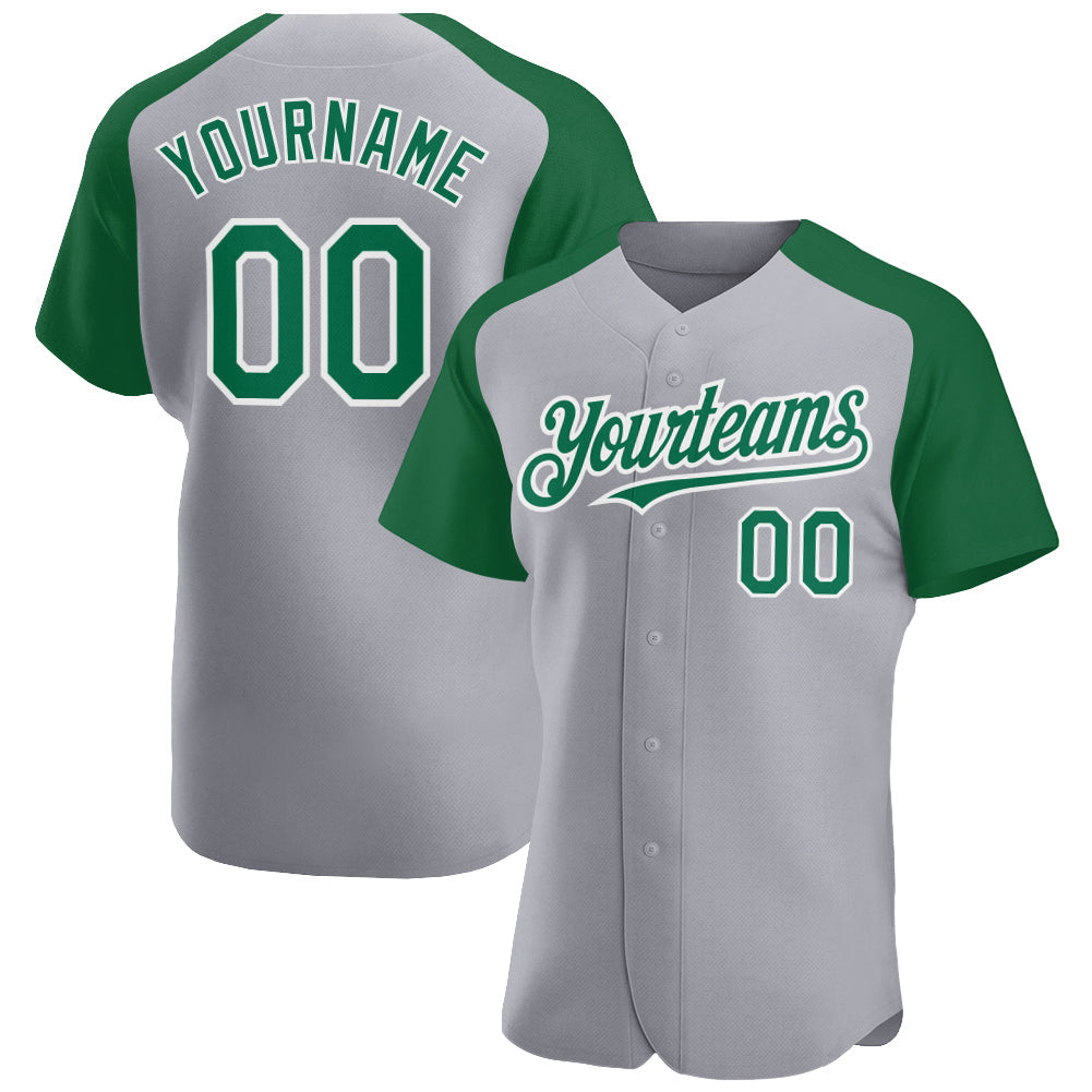 Custom Gray Kelly Green-White Authentic Raglan Sleeves Baseball Jersey - Main View