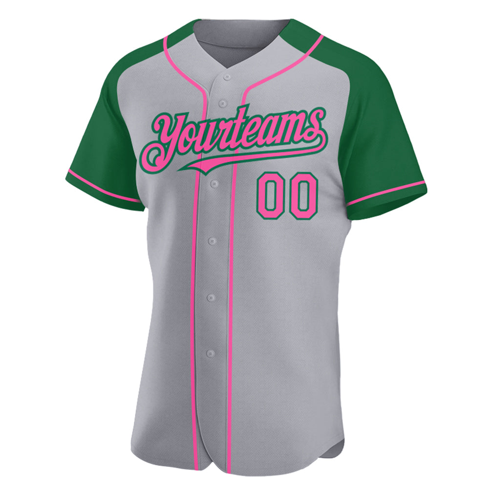 Custom Gray Pink-Kelly Green Authentic Raglan Sleeves Baseball Jersey view 2