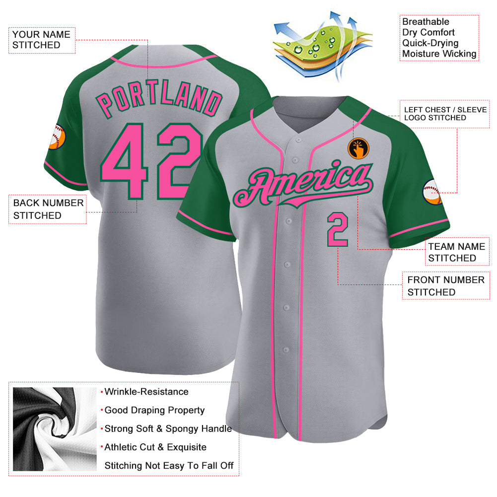 Custom Gray Pink-Kelly Green Authentic Raglan Sleeves Baseball Jersey view 3