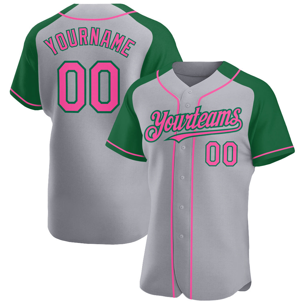 Custom Gray Pink-Kelly Green Authentic Raglan Sleeves Baseball Jersey - Main View