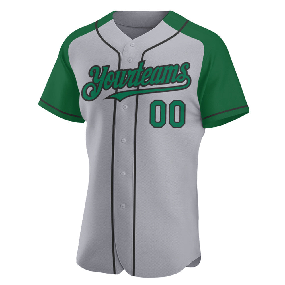 Custom Gray Kelly Green-Black Authentic Raglan Sleeves Baseball Jersey view 2