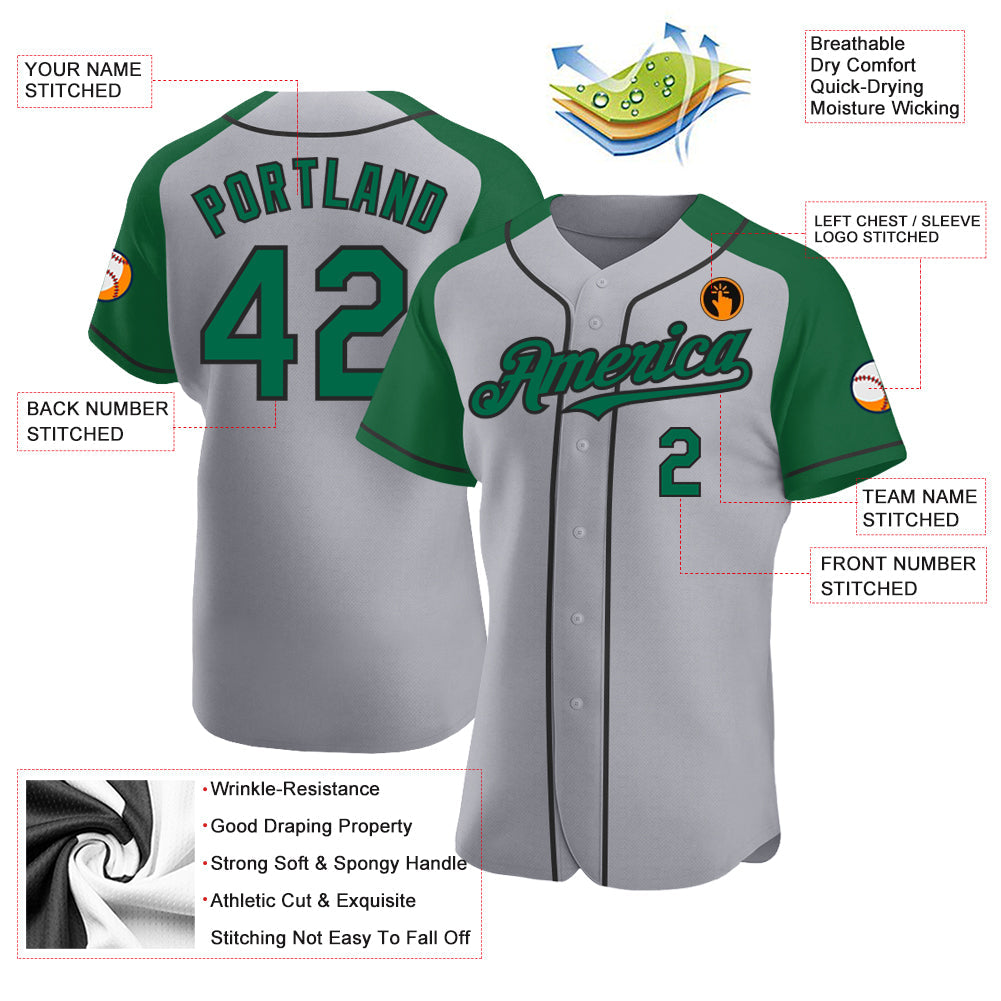 Custom Gray Kelly Green-Black Authentic Raglan Sleeves Baseball Jersey view 3