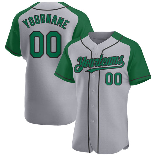 Custom Gray Kelly Green-Black Authentic Raglan Sleeves Baseball Jersey - Main View