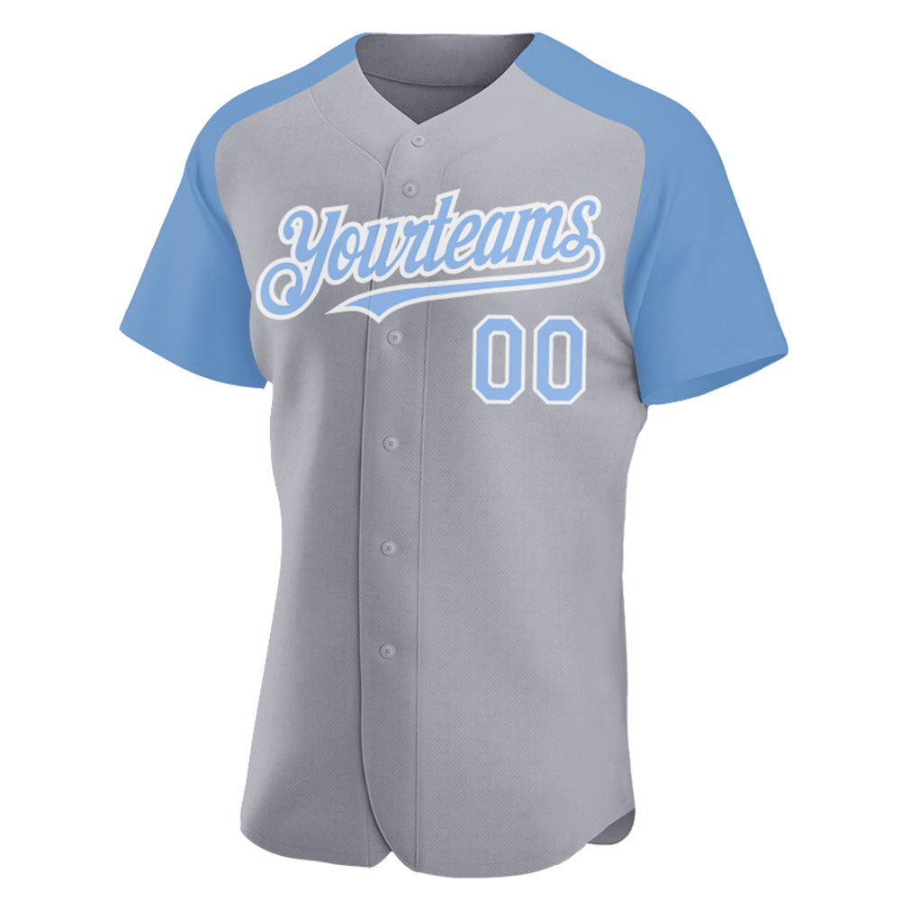 Custom Gray Light Blue-White Authentic Raglan Sleeves Baseball Jersey view 2