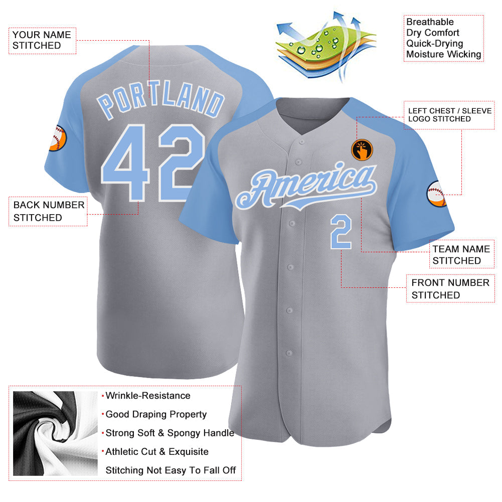 Custom Gray Light Blue-White Authentic Raglan Sleeves Baseball Jersey view 3