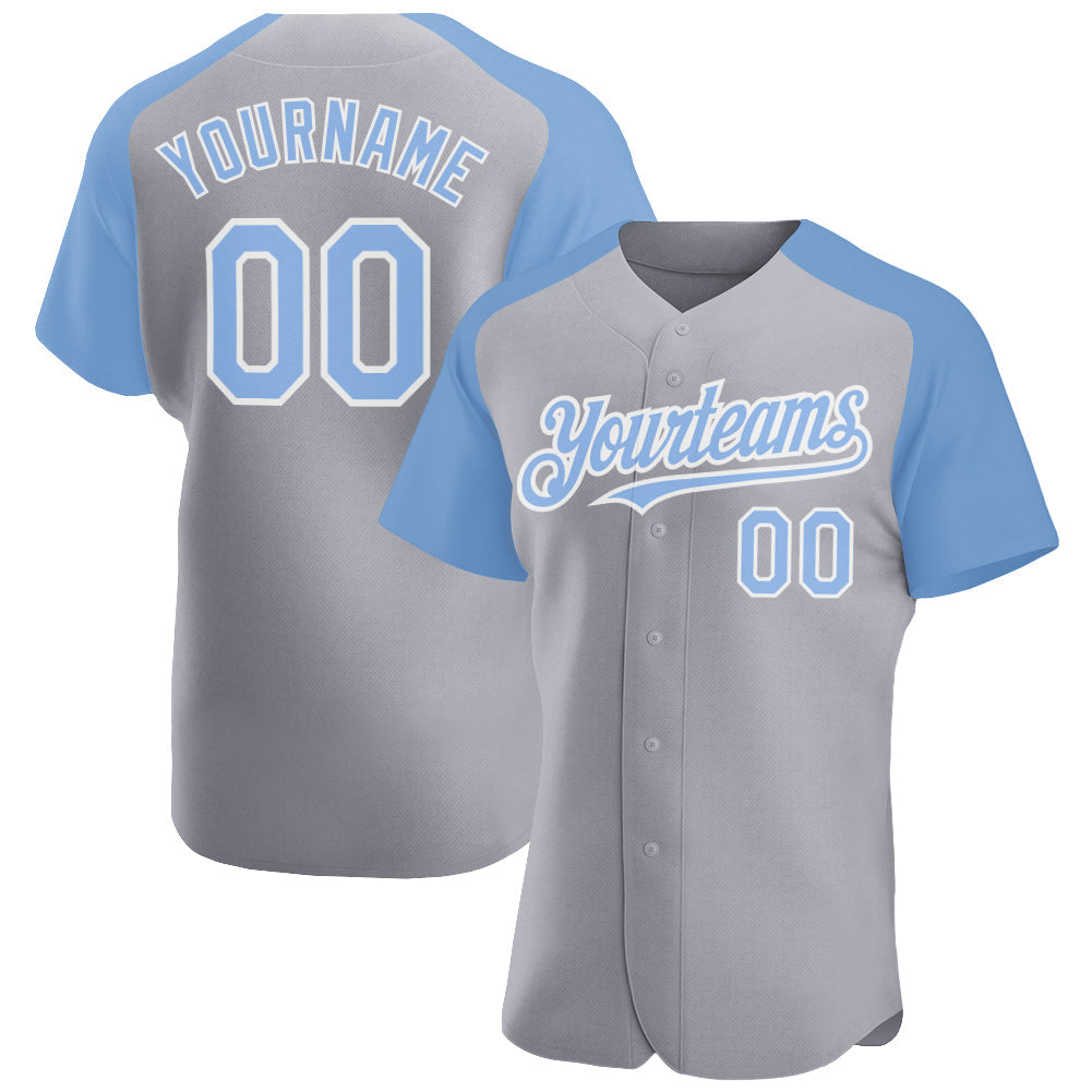 Custom Gray Light Blue-White Authentic Raglan Sleeves Baseball Jersey - Main View