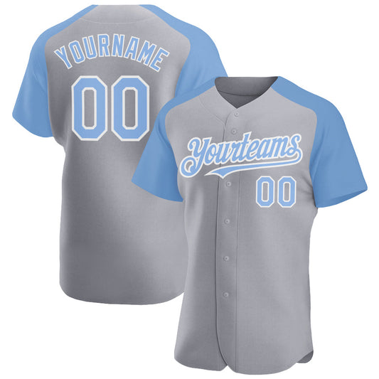 Custom Gray Light Blue-White Authentic Raglan Sleeves Baseball Jersey - Main View