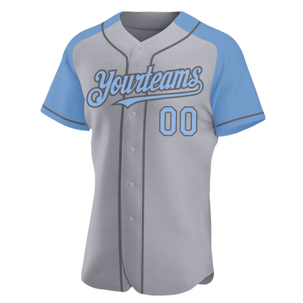 Custom Gray Light Blue-Steel Gray Authentic Raglan Sleeves Baseball Jersey view 2