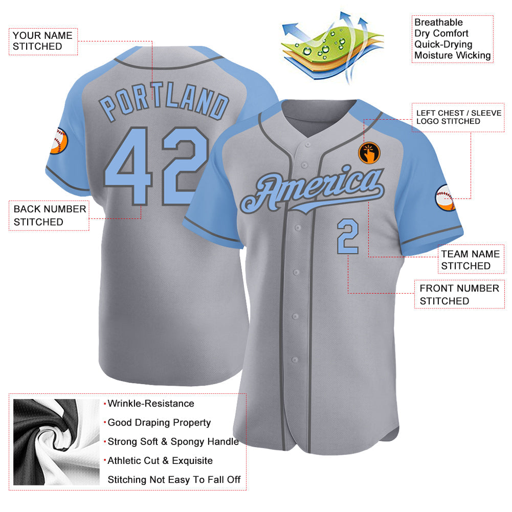 Custom Gray Light Blue-Steel Gray Authentic Raglan Sleeves Baseball Jersey view 3