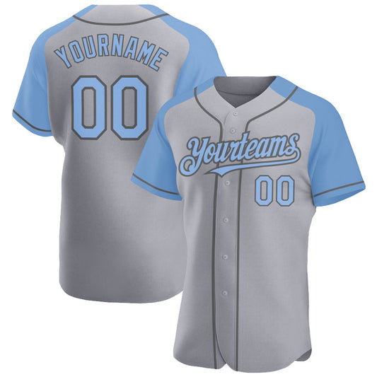 Custom Gray Light Blue-Steel Gray Authentic Raglan Sleeves Baseball Jersey - Main View