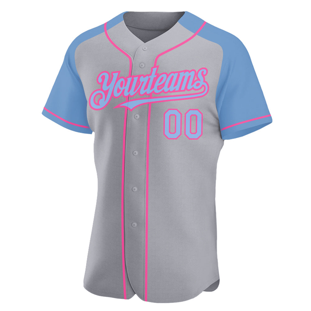 Custom Gray Light Blue-Pink Authentic Raglan Sleeves Baseball Jersey view 2