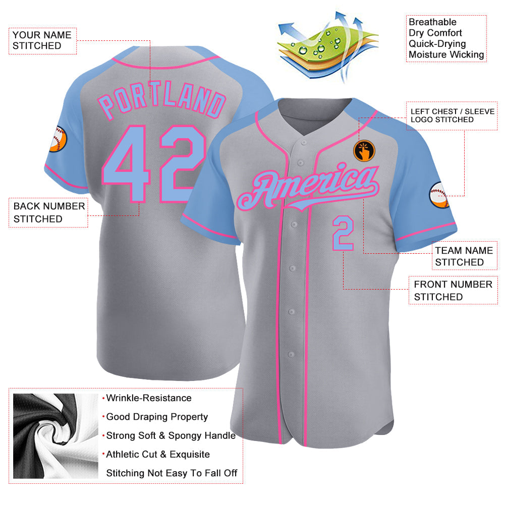 Custom Gray Light Blue-Pink Authentic Raglan Sleeves Baseball Jersey view 3