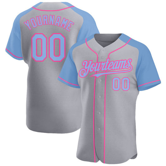 Custom Gray Light Blue-Pink Authentic Raglan Sleeves Baseball Jersey - Main View
