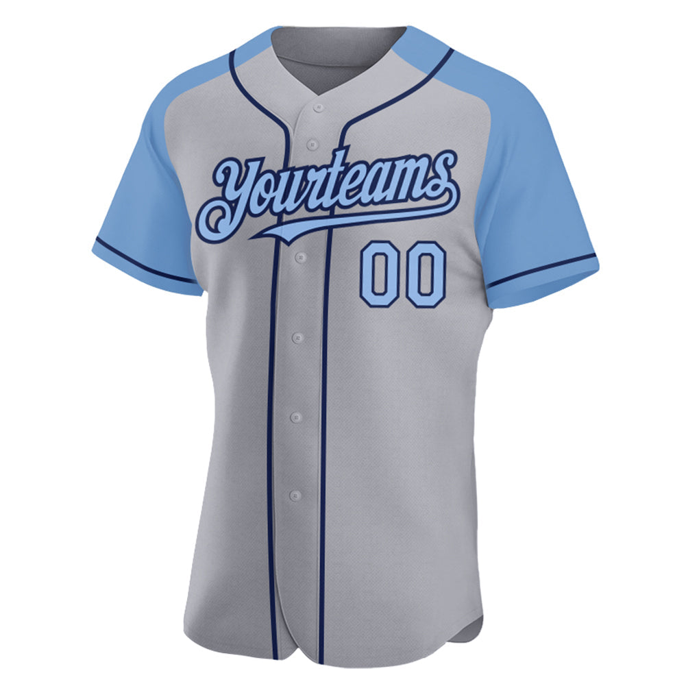 Custom Gray Light Blue-Navy Authentic Raglan Sleeves Baseball Jersey view 2