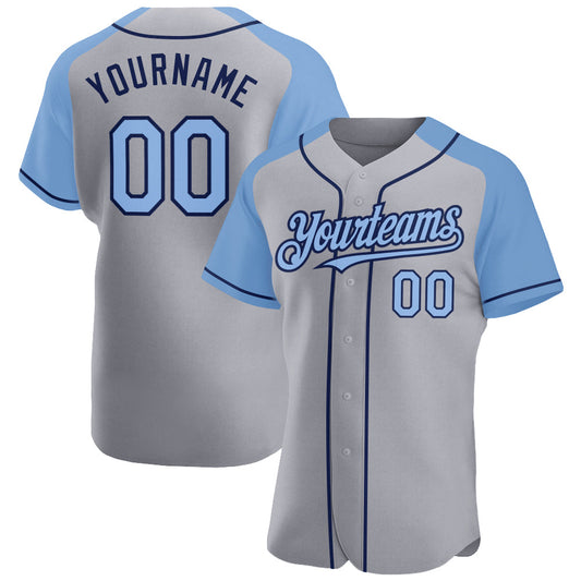 Custom Gray Light Blue-Navy Authentic Raglan Sleeves Baseball Jersey - Main View