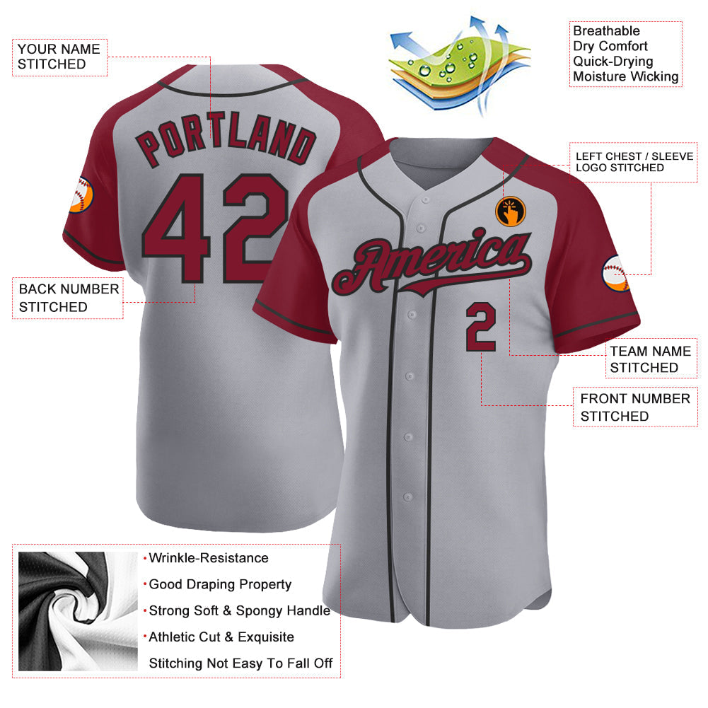 Custom Gray Crimson-Black Authentic Raglan Sleeves Baseball Jersey view 3
